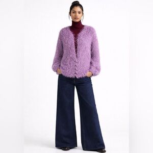 🧶 Fuzzy Merino Wool Oversized Cardigan Balloon Sleeves Purple Size L